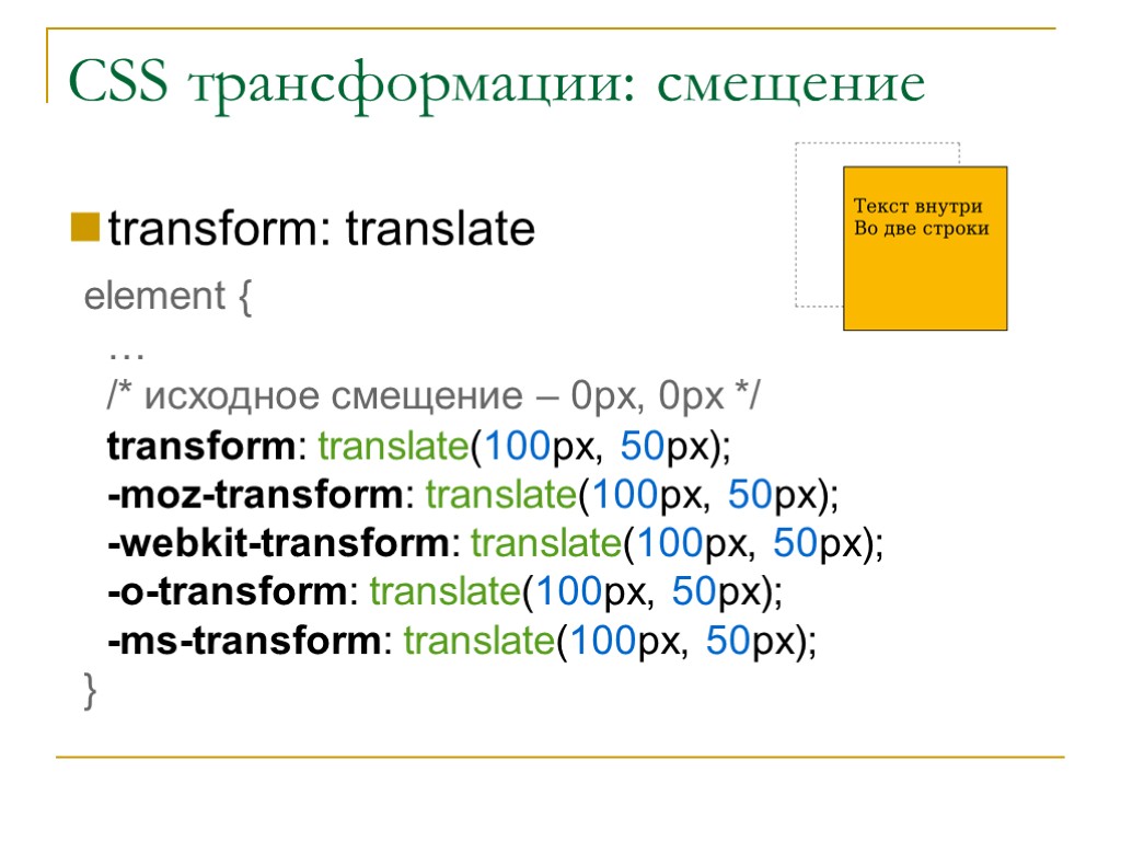 CSS трансформации: смещение transform: translate element { … /* исходное смещение – 0px, 0px